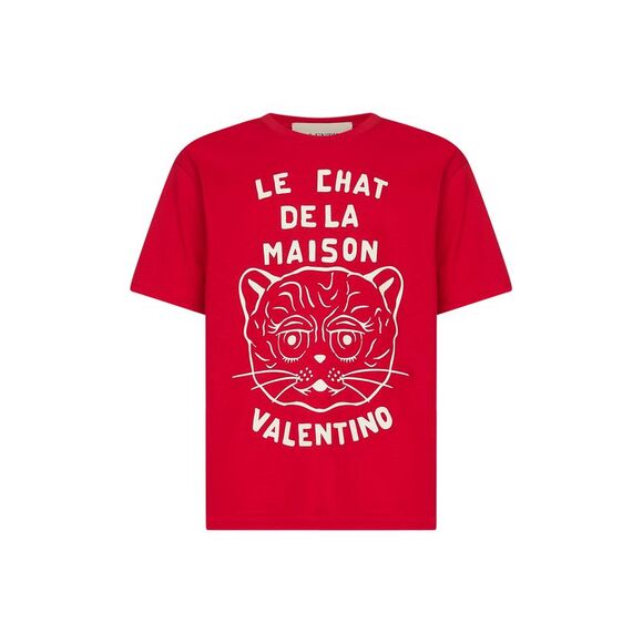 Valentino Men Red Cotton Le Chat De La Maison Print T-Shirt